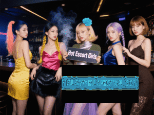 Five women in stylish dresses pose for a photo. "Hot Escort Girls" sign is held in the center.