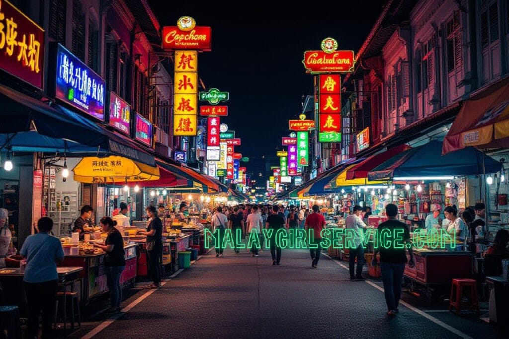 Bustling night market with colorful neon signs and street vendors