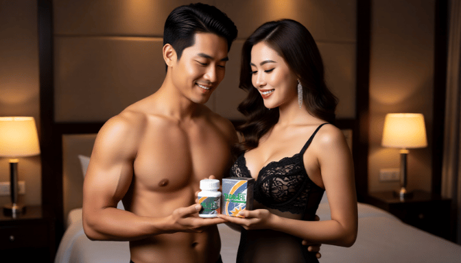 Couple holding male enhancement supplements. Cialis Tadalafil might be relevant.