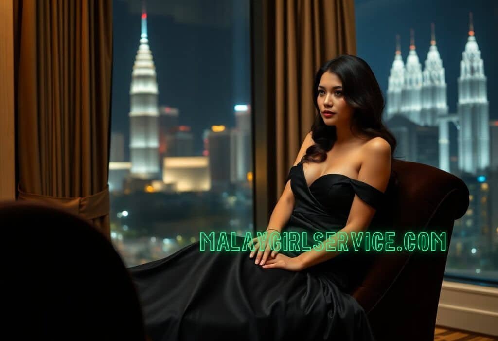 Elegant woman in black gown with Kuala Lumpur skyline