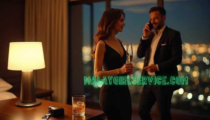 KL Escort Couple enjoying a romantic evening with champagne, a luxurious hotel room view, and a man on the phone. Girl Service