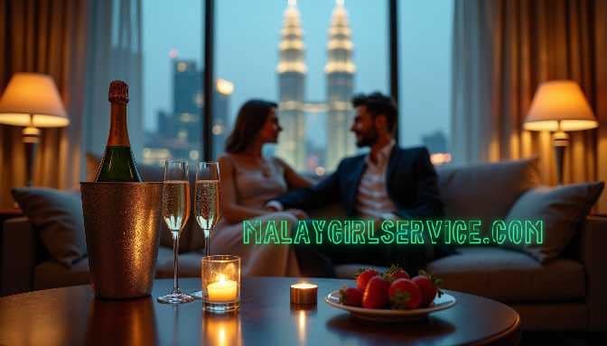 KL Escort Couple enjoying champagne and strawberries in a luxury hotel suite with KL skyline view, escort girl service Girl Service