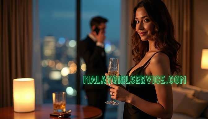 KL Escort Elegant woman with champagne, man on phone, Kuala Lumpur skyline, Escort Girl Service Girl Service