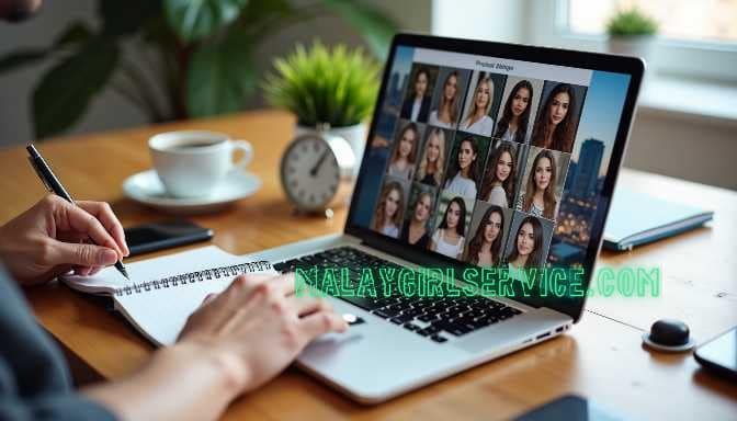 KL Escort Laptop displaying photos of escort girls, with a notebook and pen Girl Service