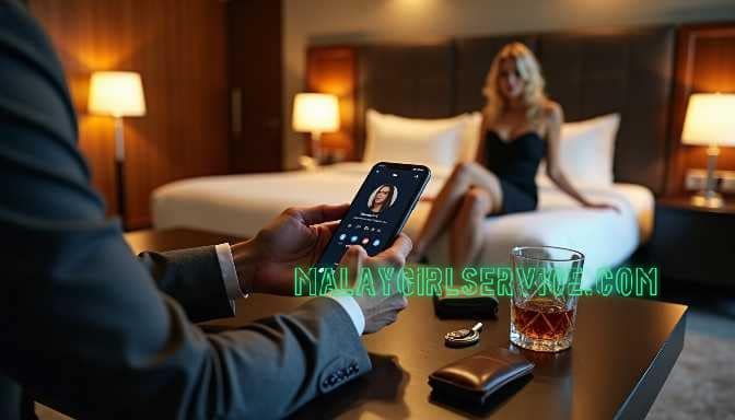 KL Escort Man using phone with escort girl service in KL on screen Girl Service