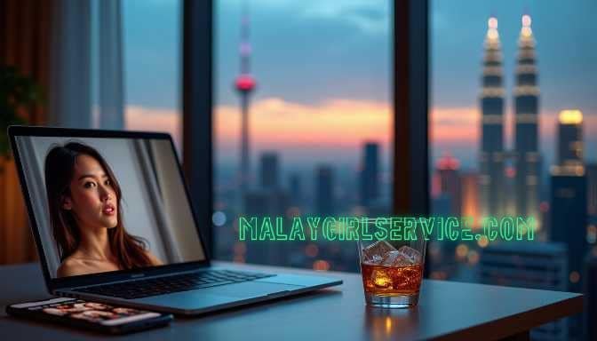 KL Escort Laptop with woman on screen, whiskey, and city skyline Girl Service