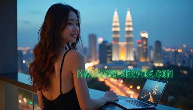 KL Escort Attractive Asian escort girl with laptop overlooking Kuala Lumpur skyline Girl Service